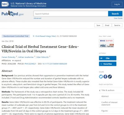 Clinical Trial of Herbal Treatment Gene-Eden-VIR Novirin in Oral Herpes